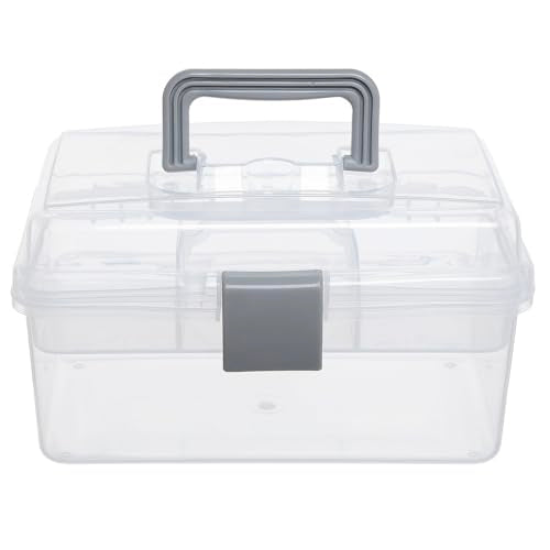 MyGift 10.2 Inch Transparent Plastic Empty Arts and Crafts Tackle Box | Gray Handle and Removable Tray for Tools, First Aid, Sewing Kit Clear Storage Container Craft Supplies Organizer Bead Jewelry