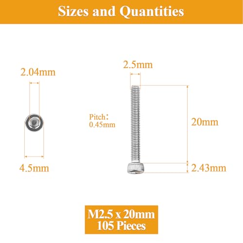 105 Pieces M2.5 x 20mm Socket Head Cap Screws, Thread Pitch 0.45mm, Sutemribor M2.5 Screws, 304 Stainless Steel, Fully Threaded, Silver - size: M2.5 x 20mm, style: Socket Head