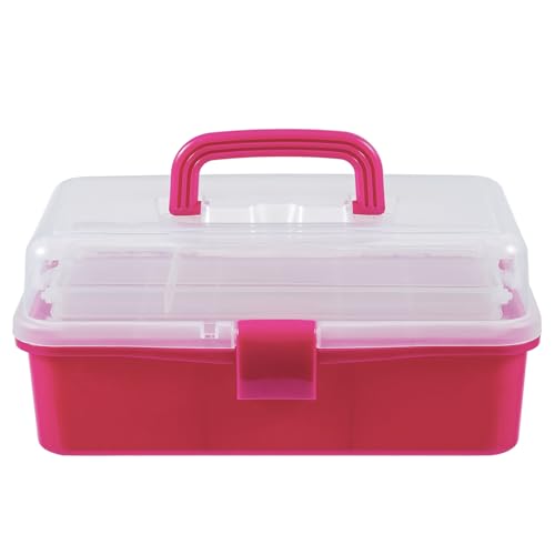 MyGift 13-Inch Dark Pink Plastic Craft Organizer and Storage Box – Clear Carrying Case with Latching Lid & 2 Expandable Trays for Sewing, Tools, First Aid, and Art Supplies - color: Fuscia