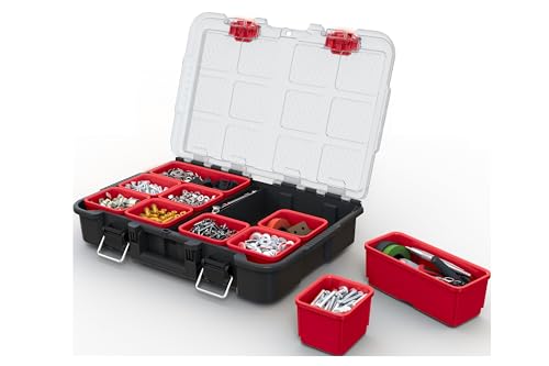 Keter Stack N Rolling Tool Box Modular Storage System 3 Piece | Black and Red, Heavy Duty, Weatherproof, All Terrain Wheels, Durable, Easy to Use, Telescoping Handle - color: Black/Red, size: 3PC System