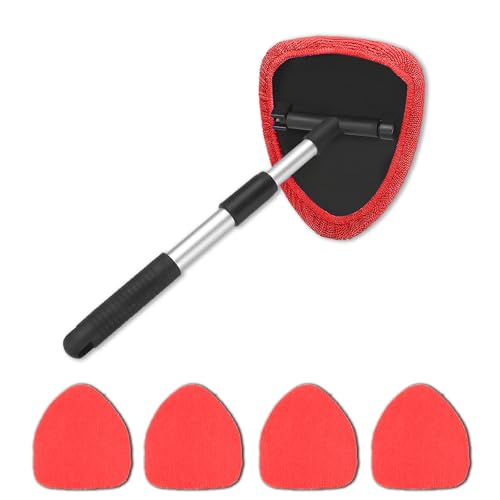 4 Pack Windshield Cleaning Tool with Extendable Handle, Red | aluminum ABS and microfiber body, pivoting head, reusable cloth pads, fits most vehicle glass, auto cleaning tools - color: Red