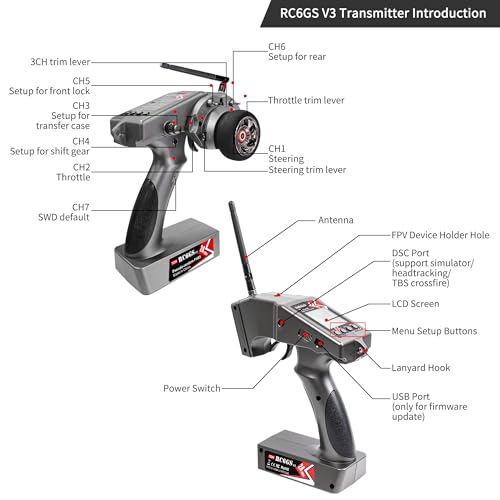 Radiolink RC6GS V3 7 Channels RC Transmitter and R7FG Gyro Receiver, One-Hand Handwheel Control Accessory 2.4GHz 600m RC Controller and Receiver kit for Remote Control Car, Boats, Truck