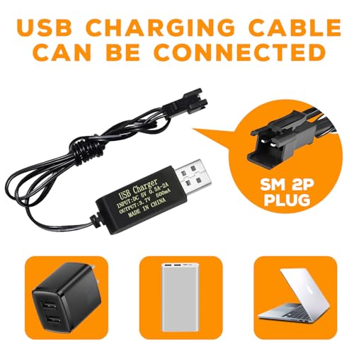 2PCS 3.7V 1200mAh Li-ion Battery SM-2P Plug with USB Charging Cable for Double Sided RC Stunt Car Truck RC Car DE68 DE44 DE45 DE58 DE49 DE57 DE70 Battery