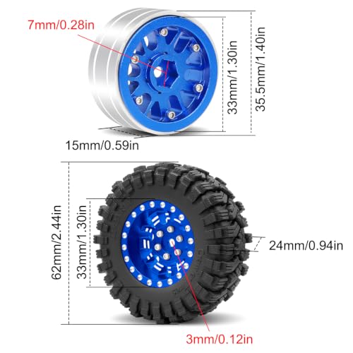 OGRC 1.3" Aluminum Wheels and All Terrain Tires for 1/18 1/24 RC Upgrade | 7mm Hex, Super Soft Compound Tires, for TRX4M SCX24 RC Carwler Car, Blue - color: Blue