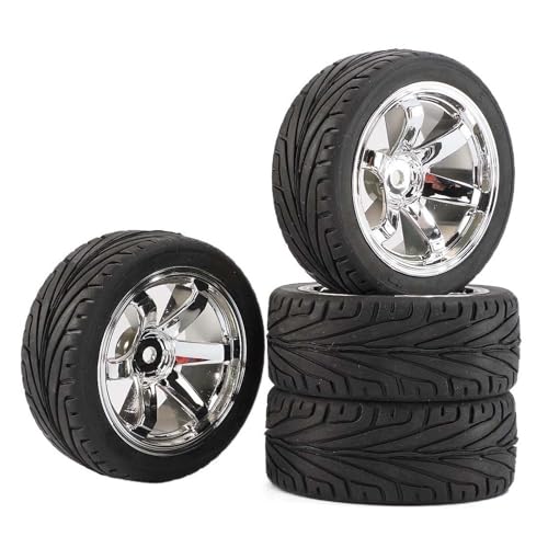4PCS 1:10 RC Tires and Plastic Wheels Rims for 1/10 Scale On Road Touring Racing Drift Car HSP HPI Tamiya (Silver) - color: Silver