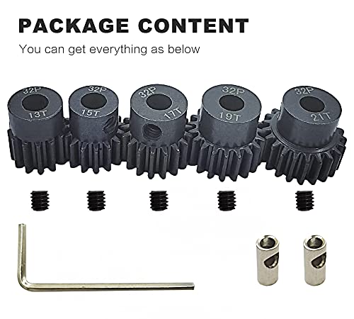 32P 5mm Pinion Gear Set 13T 15T 17T 19T 21T with Hex Key for 1/10 RC Car | 32P 5mm Hardened Metal Pinion Motor Gear Set 13T 15T 17T 19T 21T with 3.175mm Coupler for RC Buggy Car Monster Truck - color: 13t/15t/17t/19t/21t