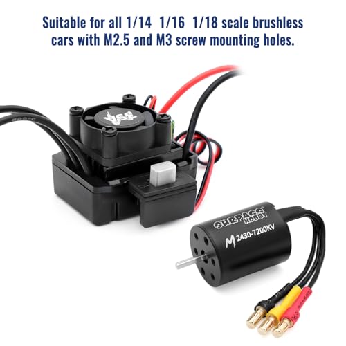Surpass Hobby M2430 7200KV Motor & 35A ESC for 1/14-1/18 RC Trucks | CNC aluminum Brushless motor with waterproof ESC, multi safety protection - size: 7200KV