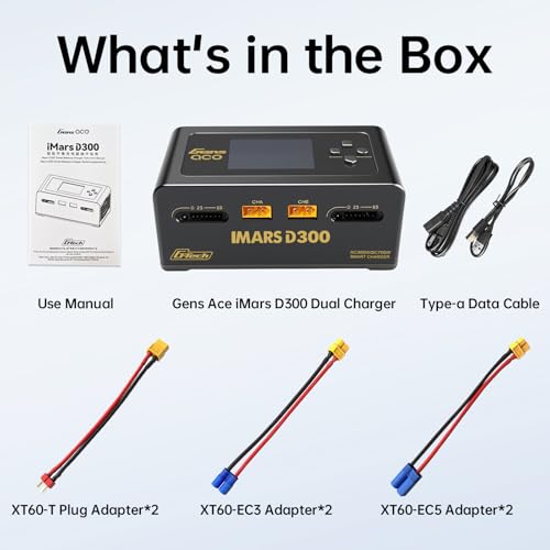 Lipo Battery Charger, Gens Ace Charger IMARS D300 G-Tech Series Smart Dual Lipo Balance Charger AC 300W DC 700W (350W*2) 16A RC Battery Charger for 1s~6s Lipo Batteries Life NiCd MH LiHV (Black) - color: Black