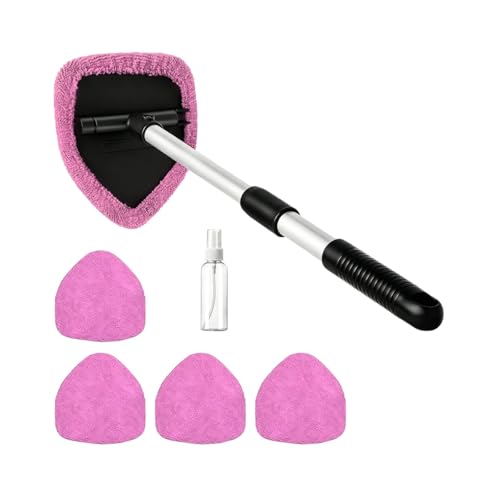 Car Windshield Cleaner Tool, Extendable Handle Pentagonal Vehicle Window Cleaning Kit with 4 Reusable Pads Spray Bottle, Auto Windscreen Detailing Cleaner, Universal Fit (Pink) - size: Pink