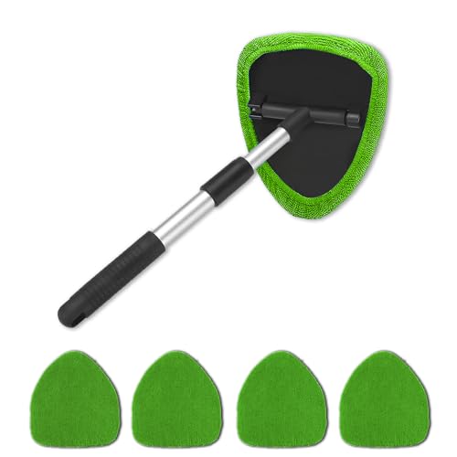 4 Pack Windshield Cleaning Tool with Extendable Handle, Green | aluminum ABS and microfiber body, pivoting head, reusable cloth pads, fits most vehicle glass, auto cleaning tools - color: Green