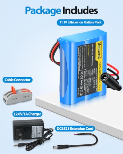 11.1V- 12V 2600mAh Rechargeable Li-ion Battery Pack with Charger, Bare Leads Wire Replacement Lithium Battery Compatible with 12 Volt Devices RC Car, Boat, Robot, DIY, LED Light Strip, CCTV Camera