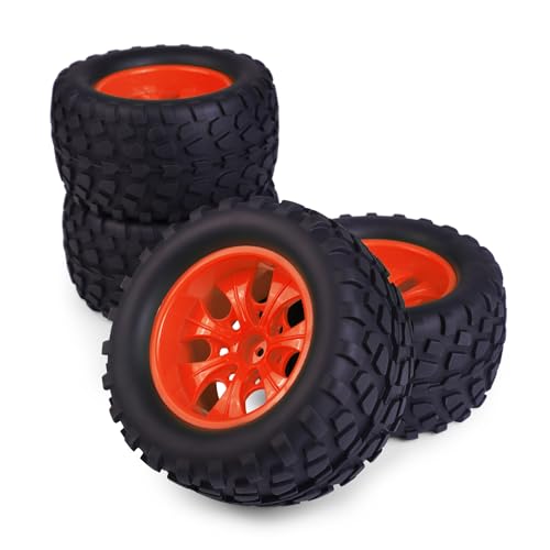 Hosim 70 * 125 mm RC Tires, All Terrain Soft Tire Mounted on 12mm Hex Wheels (Set of 4) for 1/10 RC Cars (Red Wheel hub) - color: Red