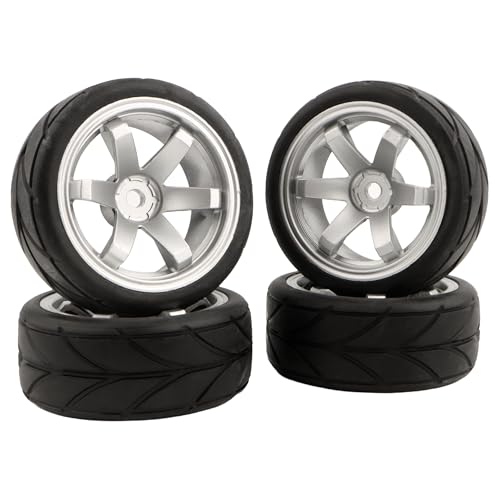 RC 1/10 Scale On Road Tires OD2.55 Rubber Wheel Rims 12mm Hex Compatible with Traxxas 4 Tec 2.0 Tamiya TT01 XV01 Kyosho WR8 Sakura WLtoys HPI Touring Racing Car(Silver) - color: Silver