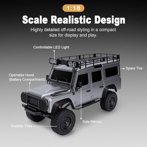 1/18 Scales Remote Control Truck, MN-111 Remote Control Crawler with LED Lights, 2.4GHz Four Wheel Drive Rechargeable Climbing RC Truck for Teens Adults (Silver Grey) - color: Silver Grey