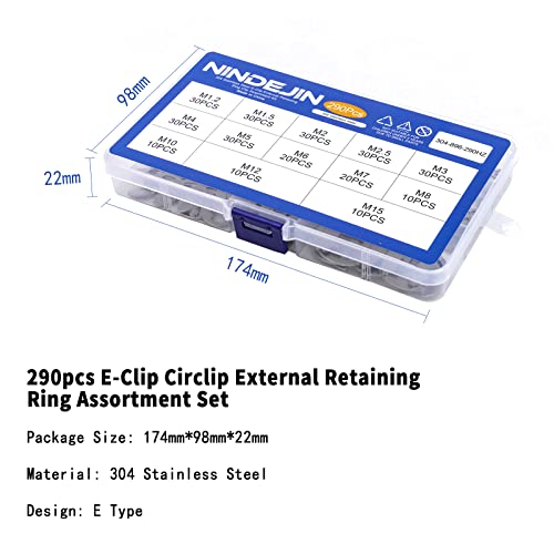 NINDEJIN E-Clip Retaining Rings Assortment Set, 304 Stainless Steel External Snap Ring Clip Kit, 1.2-15mm(13Sizes)E Circlip Retainer Rings for Projects–Car Engines, Locking Mechanisms and Other Shafts | 304 Stainless Steel, External Snap Ring Clip Kit, fo