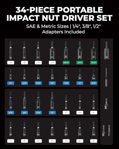 toolant Magnetic Nut Driver Set, 34-Piece | Deep nut drivers, impact socket adapters, wing nut driver, magnetic retention, organized storage case - style: 34pcs assorted