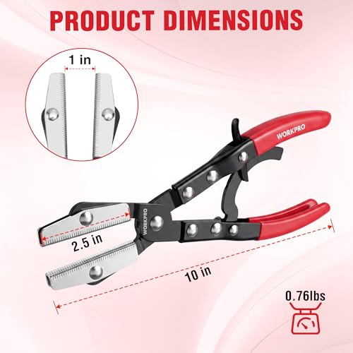 WORKPRO 10" Ratcheting Hose Pinch Off Pliers, Locking Hose Clamp Pliers | Ergonomic Grip for Radiator, Coolant, Automotive, Fuel Lines - Easy One-Handed Operation, Adjustable Jaw - color: Red
