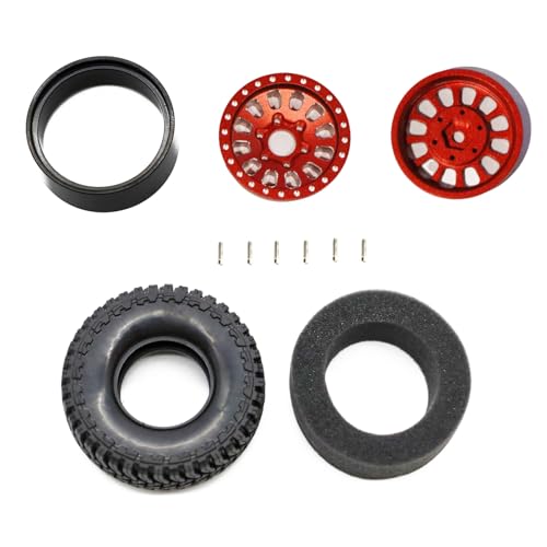 1.3” Brass Beadlock Wheels & All-Terrain Tires Set for 1/18 1/24 RC Crawler TRX4M, Axial SCX24 / AX24, Redcat Ascent-18, FMS FCX24, -5.40mm Offset, 7mm Hex, 4 pcs, Red - color: Red