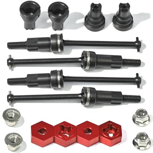 Hardened Steel CVD Drive Shafts Set with Adapters, Nuts, Center Drive Cups, Front Rear Dogbone Driveshaft Axles Upgrades Part for 1/16 Mojave Grom ARA2304, ARA2304S, ARA2104 (Black,Red) - color: Black-red