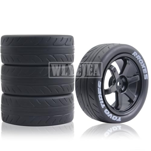 1/10 RC On-Road Tires 4PCS 5 Spoke 12mm Hex RC Wheels and Tires Compatible for 1/10 On-Road Touring Car Traxxas Tamiya tt01 tt02 HSP HPI Kyosho - color: Black
