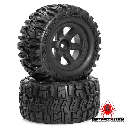 REDSPIDER 1/14 RC Monster Truck Wheel Rim Tires (4pcs) Hex 12mm OD 3.54'' for 1/12 1/14 1/16 RC Off Road Monster Truck TRX E-REVO Summit HPI SAVAGEGT-2XS REDCAT Volcano-16 (Black) - color: Black