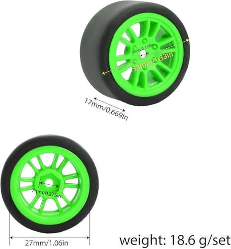 4PCS Pre-Mounted On-Road Drift Racing Smooth Rubber Tires and Wheel Rims Set 7MM Hex for 1/28 Losi Micro-T WL244016 RC Car Upgrades Parts (Green) - color: Green