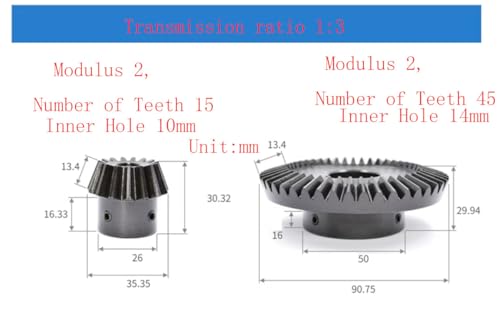 Generic Transmission Ratio 1:3, Bevel Gear, 90 Degree Steering, Modular 2, Number of Teeth 15:45, (Pinion Inner Hole 10mm, Big Gear Inner Hole 14mm - Keyway Width: 5mm) 2pcs/Set