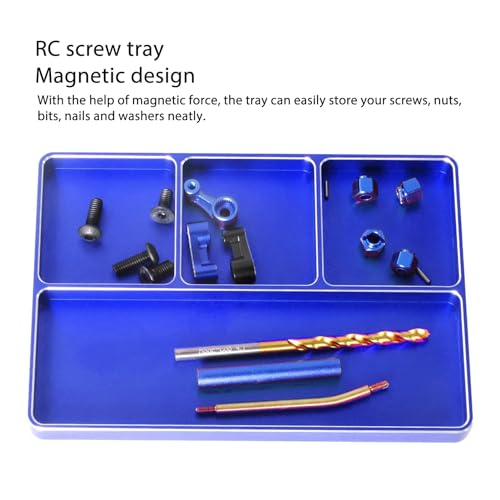 RC Repair Screw Tray, Aluminum Alloy 4 Grids Screw Tray with Magnetic Pad for 1/10 1/8 RC Car Airplanes Helicopters, Durable Tool Tray for Model Screws and Small Parts (Blue) - color: Blue