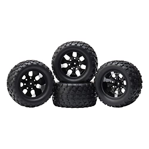 4-Pack 12mm Hex RC Wheels and Tires Set For 1/10 Scale Off Road Monster Truck, Rubber Tyre with Foam Inserts Locknuts Washers for HSP 94188 Volcano S30 etc | For Traxxas Rustler Stampede Slash, Arrma Senton Granite, RC Monster Truck - style: 7 Spokes-Blac