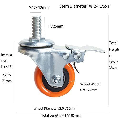 Heavy Duty Swivel Wheels, 3 Inch Yellow PVC Casters with Metric Stem M12-1.75x25mm Double Brakes Castors Safety Wheels up to 1200 Lbs/Set for Industry and Furniture Set of 4 - style: 2 Inch with brake