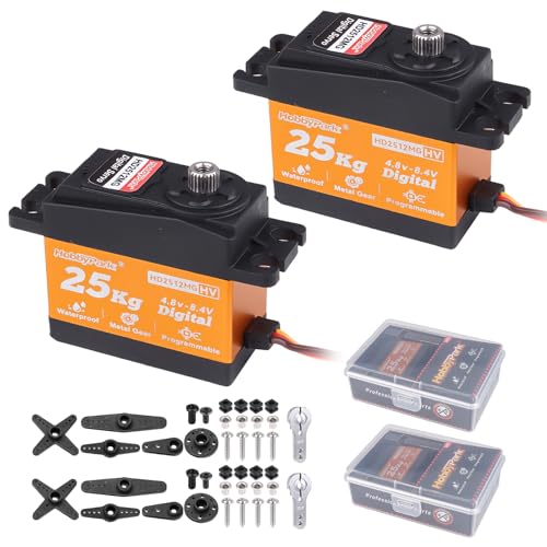 HobbyPark Pack of 2 Waterproof 25kg Servos All Metal Gears Digital Servo Stainless Steel Gear Arduino Servo Steering for 1/12 1/10 RC Crawler Car Truck Buggy 5V-8.4V HV Control Angle 180° Fast 0.09sec