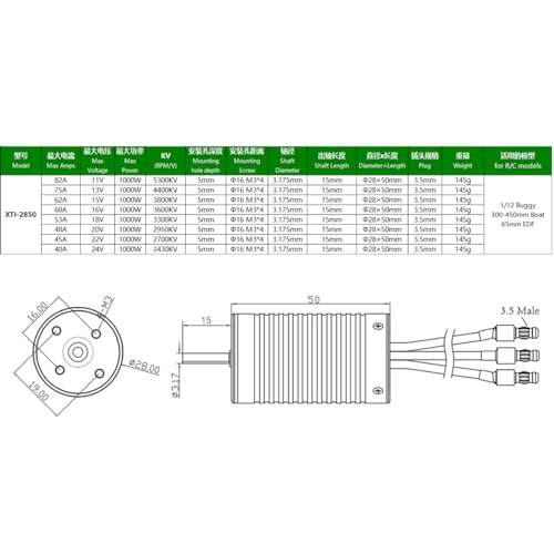 2850 2950KV Brushless Motor Shaft Diameter 3.175MM Connector 3.5MM for 1/12 Scale On-Road Buggy Monster RC Car