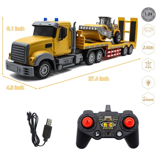 Fistone RC Semi Truck with Trailer, 1:24 RC Semi-Trailer Engineering Tractor with Sound and Lights, 2.4Ghz Remote Control Flatbed Truck with Road Roller Toys, Construction Vehicles Toy for Boys - style: Truck & Road Roller Toy