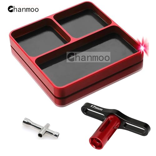 Aluminium RC Screw Tray Nuts Storage Tools with Magnetic Pad and 17mm Hex Wheels Wrench & Small Cross Hex Wrench Sleeve Repair Set Kit for 1/8 1/10 Car HSP HPI Axial Airplane Boat (Red) - color: Red