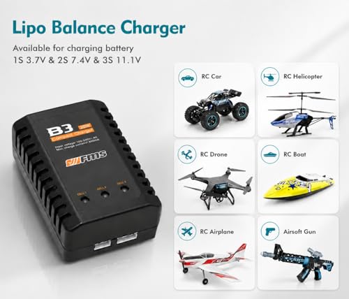 FMS Rc Car Charger B3 10w Compact Charger 7.4-11.1V LiPo Batteries with Adapter Wire 2S-3S RC Balance Charger Available for Charging Battery 1S 3.7V & 2S 7.4V & 3S 11.1V for rc Truck Crawler Airplane