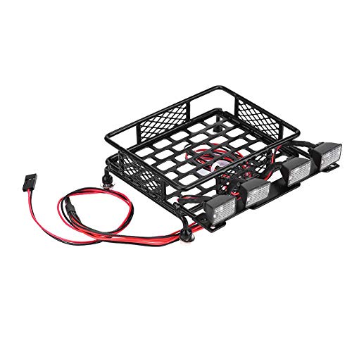 RC Car Roof Rack, Small Size Roof Rack Luggage Carrier with 4 Quadrate LED Lights for Axial SCX10 1/10 Remote Control Crawler Car(4 White Light Color)