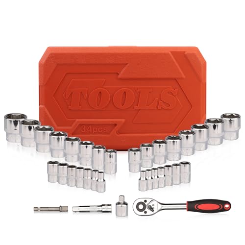 Egofine 34 Pieces 3/8 inch Drive Socket Ratchet Wrench Set, with Socket Set Metric/SAE and Extension Bar for Auto Repairing and Household, with Storage Case - style: 3/8" 34 PCS