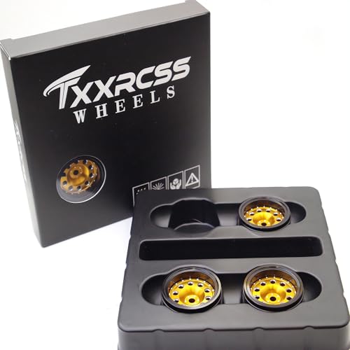 RC 1.0 Beadlock Wheels Offsets -2 Aluminum Rims for AX24 1/18 TRX4M All 1/24 Scale SCX24 Deadbolt RC Crawler Car Wheels Upgrades 4Pc (Golden & Black) - color: Golden & Black