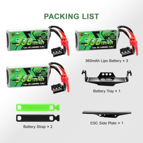 3PCS 7.4V Lipo Battery 2S 360mAh PH2.0 Plug Rechargeable Lithium Battery with RC Battery Side Plate and ESC Receiver Side Tray for RC Axial SCX30 Upgrade Crawler Car Trucks - color: 3pcs 360mAh, w/ battery & ESC trays