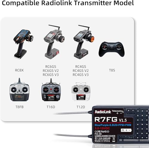 DTXMX R7FG 7CH RC Gyro Receiver for Radiolink RC6GS V3/ RC4GS V3/ RC8X | 7 Channels 2.4GHz | Voltage Telemetry