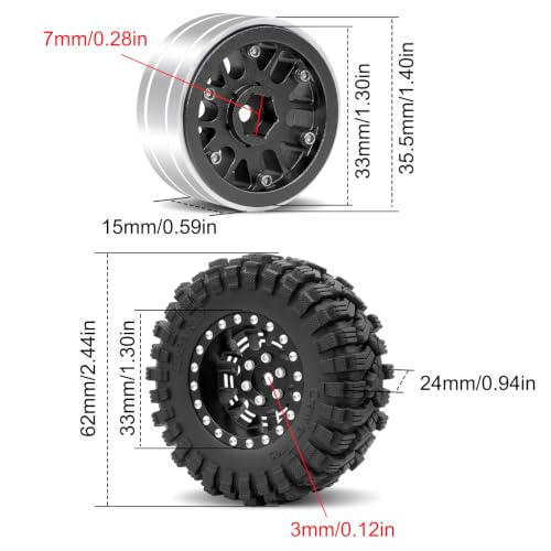 OGRC 1.3" Aluminum Wheels and All Terrain Tires for 1/18 1/24 RC Upgrade | 7mm Hex, Super Soft Compound Tires, for TRX4M SCX24 RC Carwler Car, Black - color: Black