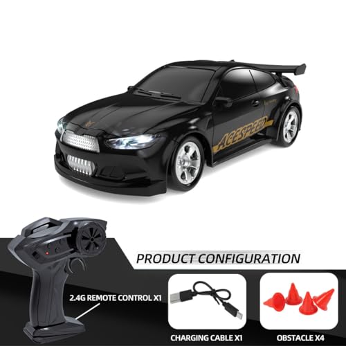 Mini Desktop RC Drift Car, 1:64 Scale 4WD High-Speed 2.4Ghz Remote Control Racing Sports Car with LED Lights for Adults Hobbyists - color: Black