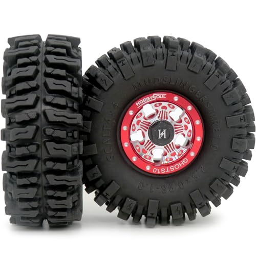 RC 64mm Tall 1.0 Mud Slingers Tires & 1.0 Wheels, Soft Sticky 1.0 Mud Terrain Tires & Heavy 1.0 Beadlock Wheels Rims for RC Crawler 1/24 SCX24 FCX24 1/18 TRX4M (Red) - color: Red