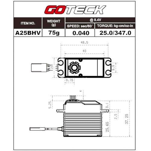GOTECK 25KG Brushless Digital Servo,8.4V Full Metal Gear Servo,IP67 Waterproof Steering Servo with 25T Servo Horn for 1/10 Scale RC Cars,RC Crawler,Trucks,Boat,Robot Parts (A25BHV-270°)