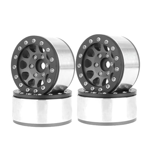4PCS 1.55 Inch Aluminum Alloy Metal 10Holes Beadlock Wheel Rim Hubs Replacement Accessory for Tamiya AX90069 D90 TF2 CC01 CC02 1/10 RC Crawler Car Upgrade Parts (Black) - color: Black