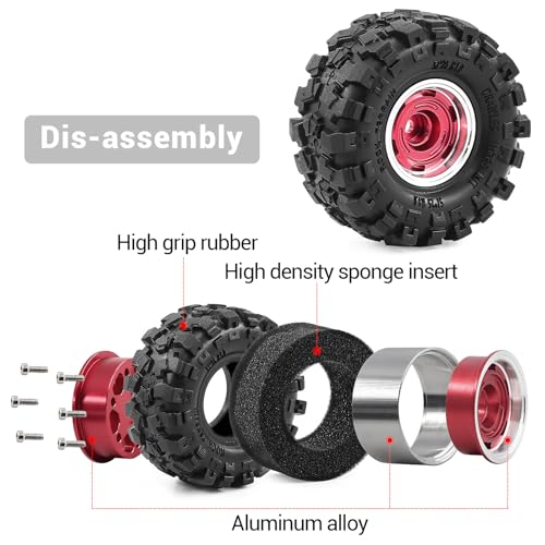 1.0" Beadlock Aluminum Wheels and 57mm Soft Rubber Tires | for SCX24, TRX4M, Ascent 18, FCX24, 1/18 1/24 RC Crawler, 7mm Hex, 0mm Offset, with Foam Inserts, (Red 101) - color: Red 101