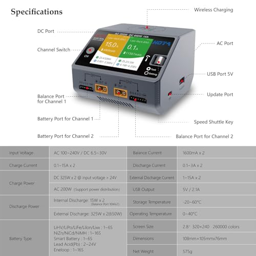 HOTA D6 Pro Lipo Battery Charger AC200W DC650W Dual Channel 15A Smart Balance Battery Charger for LiIon/LiHV/NiCd for RC Car Drone Parts