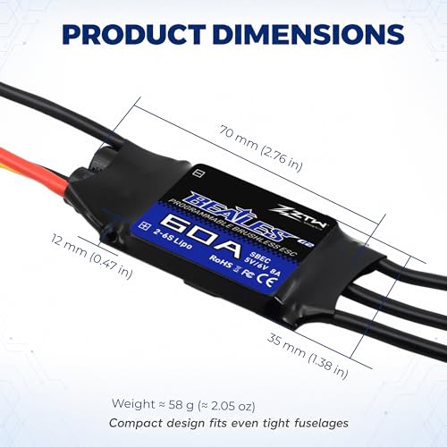 ZTW Beatles G2 60A ESC 2-6S Built-in Switching BEC 5V/6V 8A Brushless Speed Control for RC Airplane Aircraft Fixed-Wing - size: 60A