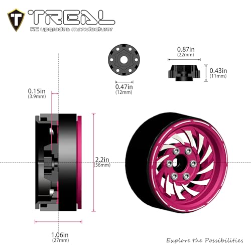 TREAL 1.9 Beadlock Wheels - Cyclone Style CNC Machined Aluminum Rims (4-Pack) Pink/Purple for 1/10 RC Crawlers TRX4, SCX10 III, and Ascent(Purple) - color: Purple