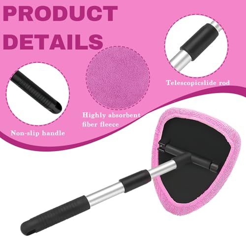 Car Window Cleaner, Car Cleanser Brush, Car Accessories Car Cleaning Supplies Tools, Car Cleaning Kit with Extendable Handle, Microfiber Cloth, Spray Bottle, Fits All Cars (Pink) - color: Pink